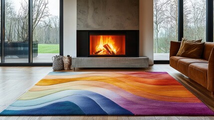 Fototapeta premium Warm hues and artistic design come together in this inviting living space. A colorful rug enhances the warmth of a crackling fire, creating a perfect retreat against a serene view
