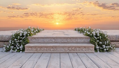 Fototapeta premium Stone staircase with flowers leads to a sunset horizon
