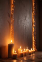 An abstract background featuring multiple burning candles and a few subtle shadows cast on the walls, adding depth and mystery to the scene, candles, dark mood