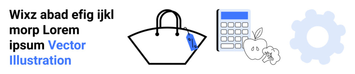 Shopping bag with keychain, calculator, apple, leaf, and gear icon symbolizing budgeting, healthy choices, and systematic planning. Ideal for finance, health organization e-commerce retail diet