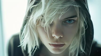 A headshot of a person with platinum blonde hair, wearing a hoodie, against a soft bokeh background.