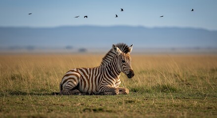 Naklejka premium Zebra Foal Resting in African Savanna with Birds Flying Overhead