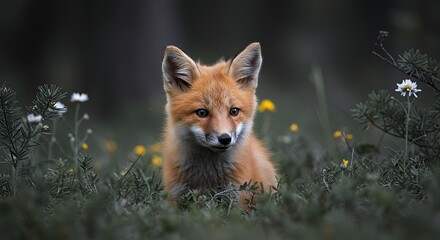 Cute Fox Kit Portrait in Meadow with Wildflowers Looking Forward