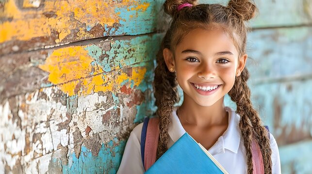 Cheerful Fijian schoolgirl in traditional sulu skirt and white shirt stands against a vibrant painted mural wall with a wide genuine smile on her face  The image captures a sense of youth education
