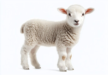 A playful young lamb on a soft white background, perfect for Easter designs, baby announcements, or children's products, evoking innocence and charm.