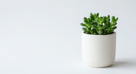 Fototapeta premium A tiny succulent plant in a clean ceramic pot, isolated against white.