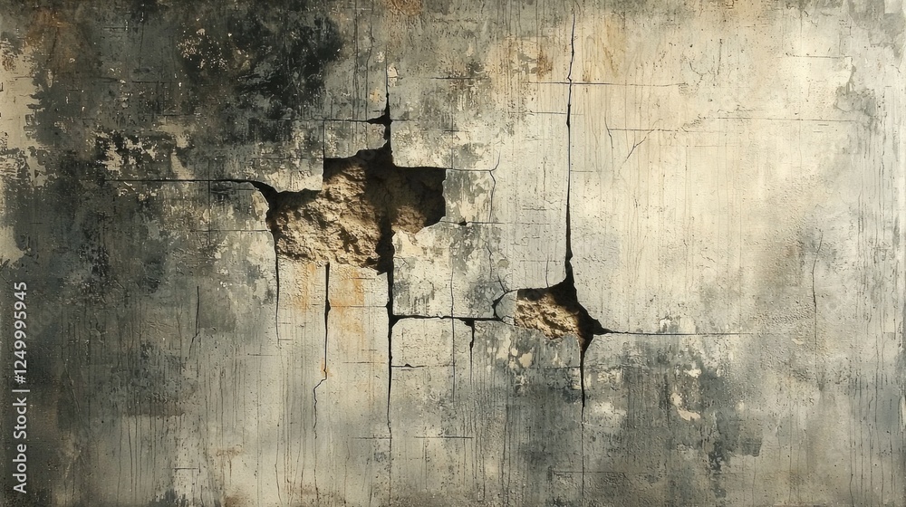 Poster a weathered wall showcases a tapestry of cracks and holes, unveiling a story of age and neglect. the
