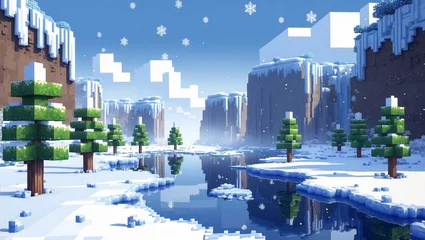 Ingelijste posters ピクセル化された冬のワンダーランド 雪の川, 凍った崖, キューブ状の木々 © arie