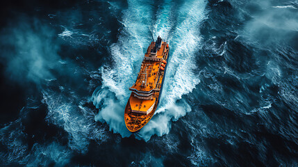 Aerial View of Ship on Ocean Waves During Stormy Weather