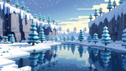 ピクセルアートの冬景色 雪の崖, 凍った川, ピクセルツリー
