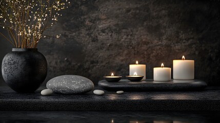 Tranquil and serene zen inspired atmosphere with lit candles smooth river pebbles and aromatherapy elements creating a calming and meditative space for relaxation mindfulness