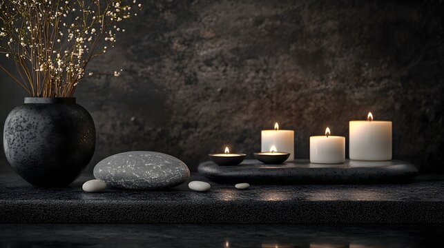 Tranquil and serene zen inspired atmosphere with lit candles smooth river pebbles and aromatherapy elements creating a calming and meditative space for relaxation mindfulness