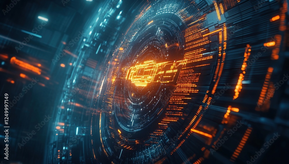 Poster digital key enters futuristic system interface: abstract technology animation with glowing circuits 