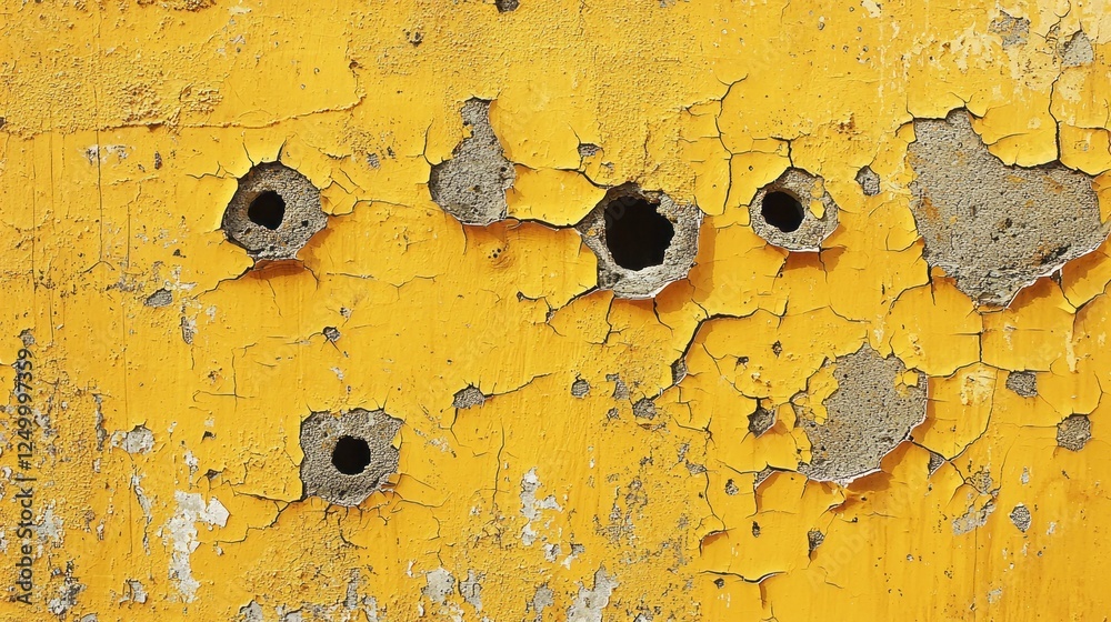 Aufkleber a weathered yellow wall displays an array of cracks and holes, telling tales of neglect and the pass