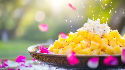 Songkran, tropical fruits, water droplets, flower petals, natural light, festive mood, vibrant colors, Thai festival, fresh fruits, celebration, cultural event, traditional, colorful, inviting, joyful