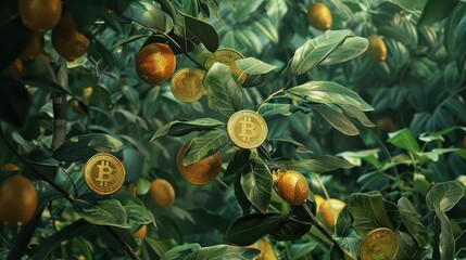 A healthy plant with golden coins sprouting from its branches like fruit, thriving in a vibrant green environment