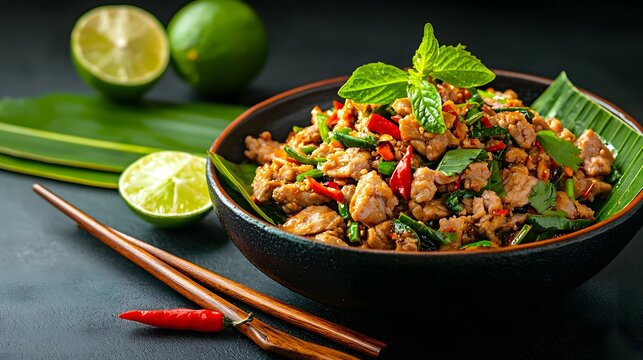 Flavorful and authentic Isaan style raw beef larb dib dish served on a rustic banana leaf platter featuring a vibrant mix of chili lime and fresh herbs for a spicy sour