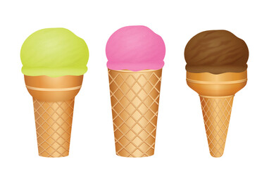 Set illustration of three ice cream cones featuring green, pink, and chocolate scoops. Each cone has a distinct waffle texture, showcasing a variety of flavors in a fun and vibrant design.
