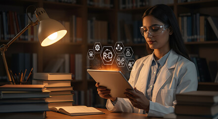 Focused Woman Scientist Using Tablet In Library