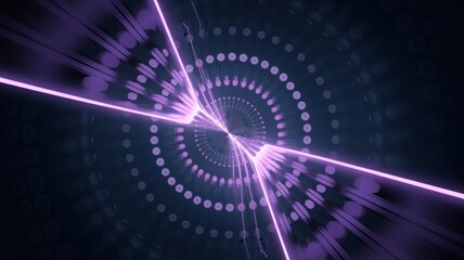 Neon purple light ray emanating from a central point, surrounded by smaller circular patterns, against a deep dark blue background. Futuristic, sci-fi vibe