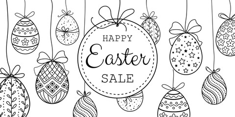 Happy Easter sale banner with hanging decorative Easter eggs isolated on white background. Creative hand drawn black line illustration. Vector design template for banner, greeting card.