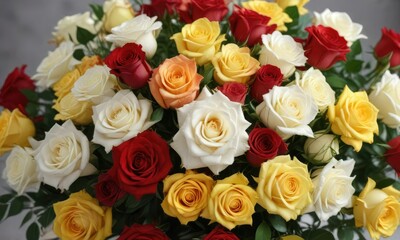 Elegant floral arrangement composed of red, yellow and white roses, bouquet, red flowers, blooming flowers
