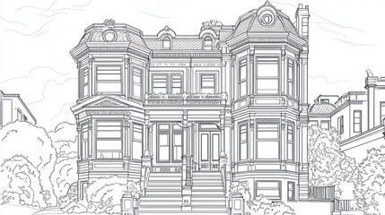 Victorian house architectural drawing, urban street, landscaping