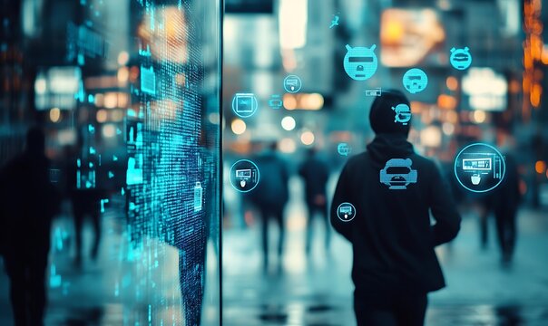 Augmented reality interface overlaying a cityscape with a person walking