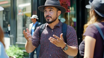 tour guide narrating cultural history at landmark, vibrant and engaging storytelling, dynamic and picturesque urban setting, professional and knowledgeable expertise