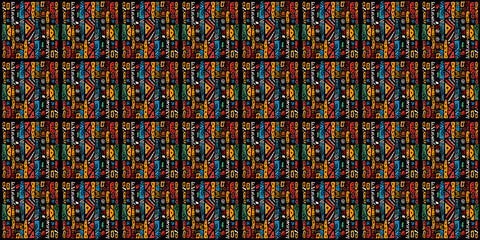 Abstract African art shapes seamless backgrounds, tribal geometric decoration patterns. Colored flat boho symbols illustrations	
