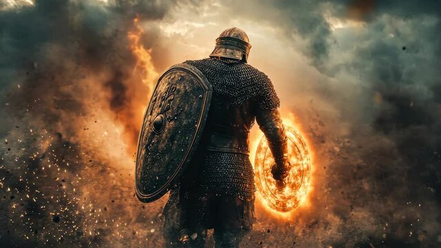 Ancient Roman soldier in detailed bronze armor, holding a glowing shield, leading his legion through a stormy battlefield