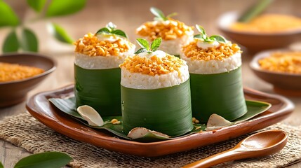 Mouthwatering Fermented Rice Dessert Khao Mak Served in Vibrant Banana Leaves with a Creamy Coconut Topping a Traditional Southeast Asian Culinary Delight