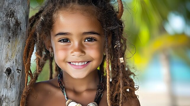 Portrait of a cheerful and friendly Samoan child wearing a traditional lavalava wrap skirt and shell necklace set against a lush tropical backdrop of nature and summer paradise
