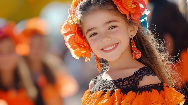 Portrait of a smiling young Chilean girl wearing a vibrant layered festival dress with a traditional cultural design representing the festive cueca dance