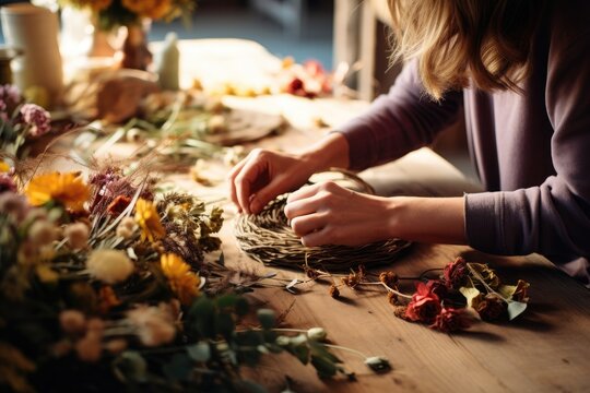Woman florist working with dried flowers and herbs on wooden table. Natural floral arrangement workshop. Autumn harvest, Thanksgiving decor, Easter celebration