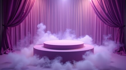 Event Stage Platform with Billowing Clouds of Dry Ice Smoke and Curtains.