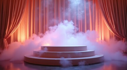 Event Stage Platform with Billowing Clouds of Dry Ice Smoke and Curtains.
