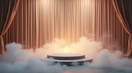 Event Stage Platform with Billowing Clouds of Dry Ice Smoke and Curtains.