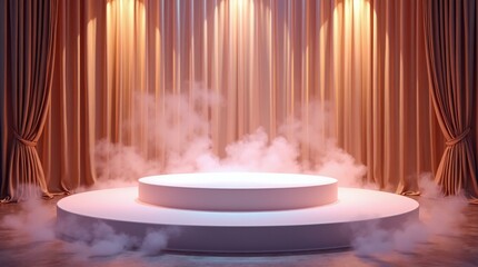 Event Stage Platform with Billowing Clouds of Dry Ice Smoke and Curtains.