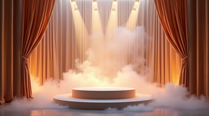 Event Stage Platform with Billowing Clouds of Dry Ice Smoke and Curtains.