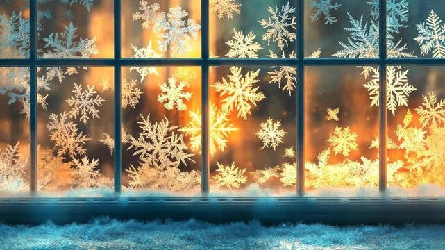 frosty window with snowflake patterns under glowing light, isolated textured background, symbolic representation of winter and delicacy, tranquil artistic theme