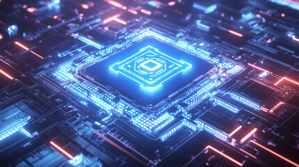 Obraz premium A high-tech circuit board with a glowing processor chip in the center. There are complex circuits and connection points surrounding the chip