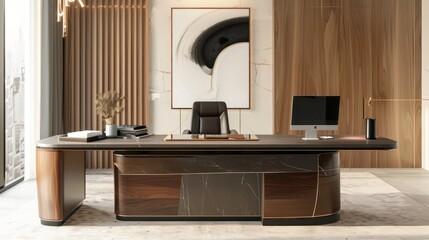 A sleek modern desk with a large monitor, tablet, and minimalist decor, featuring clean lines and bright office lighting.