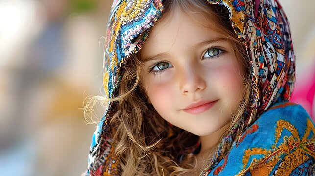 Smiling Moroccan Child in Vibrant Djellaba Robe with Hood   Portrait of a young girl wearing traditional Moroccan clothing including a colorful djellaba robe with a hood and expressing a cheerful