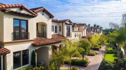 Fototapeta premium Elegant Mediterranean style homes with lush landscaping under blue skies