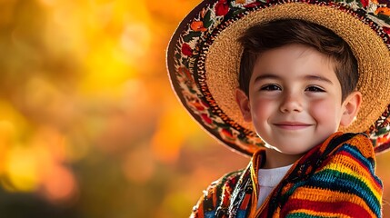 Smiling young Mexican boy wearing a traditional charro outfit with a colorful sombrero in a nature setting