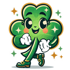 Cute cartoon shamrock character in retro style isolated on white background. Comic mascot of shamrock with happy smile face. Happy funny hand drawn design element for St. Patrick's Day concept