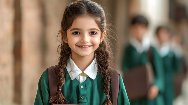 Smiling young Pakistani girl wearing traditional shalwar kameez school uniform stands confidently in a classroom setting showcasing the diversity and academic achievement of students in the country