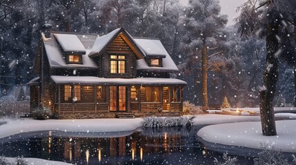 A cozy winter cabin scene snow falling gently