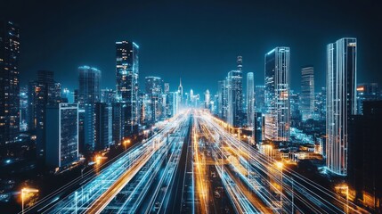 Fototapeta premium Night Cityscape Illuminating Skyscrapers And Traffic Trails